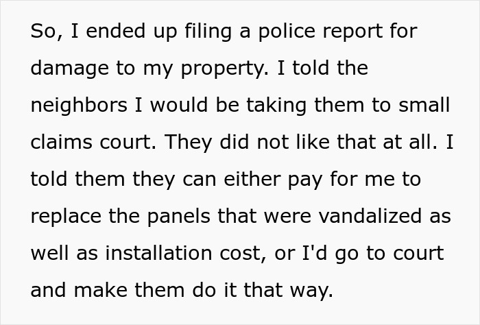 Text about filing police report for property damage and court action
