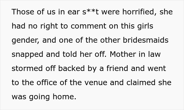 Text detailing bridesmaids confronting mother-in-law at wedding venue Text detailing bridesmaids confronting mother-in-law at wedding venue