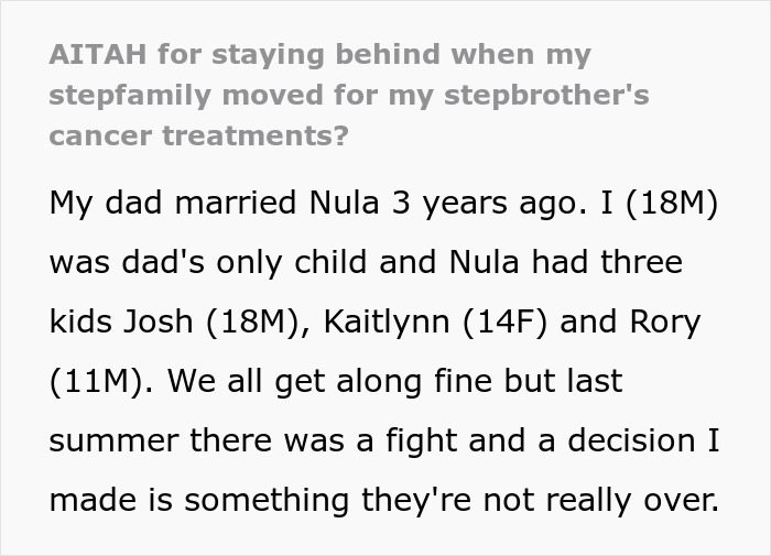 Text about staying behind during stepbrother's cancer treatments