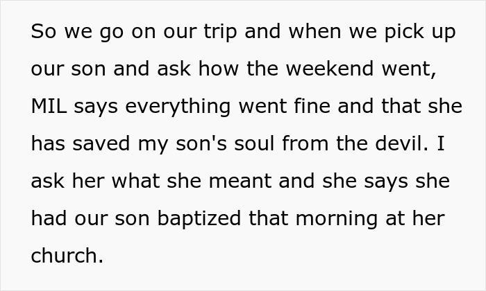 A text excerpt describing a MIL baptizing their child, leading to a dad's major meltdown.