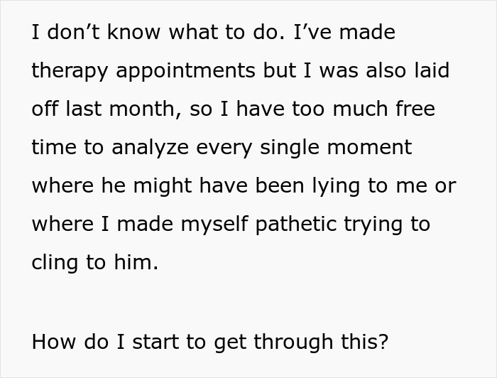 Wife struggles with therapy and loss after husband's betrayal