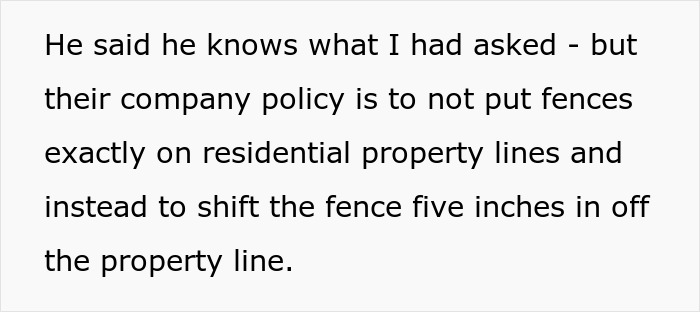Text describing fence company policy on fence placement near property lines