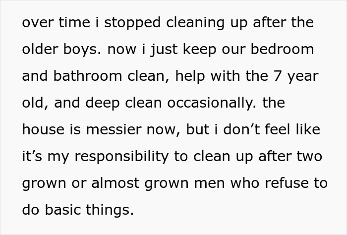 A text post where a woman discusses her reasons for no longer acting as a maid to her boyfriend's grown children.