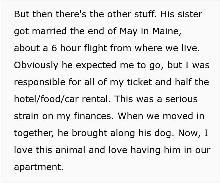 Text describing wedding expenses and pet responsibilities struggle Text describing wedding expenses and pet responsibilities struggle