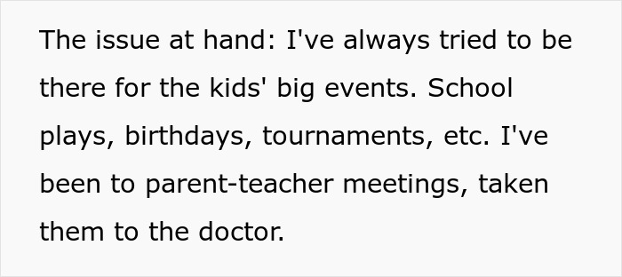 Text about man helping parent with kids at school events and doctor visits