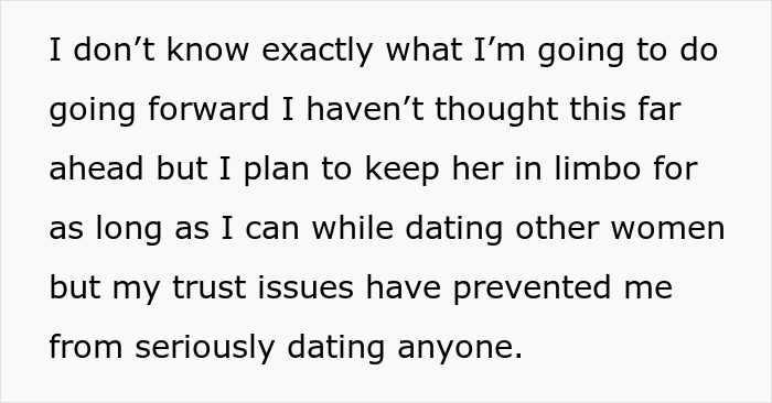 Text on a white background: a guy plans to break her heart after her affair. He keeps her in limbo. Text on a white background: a guy plans to break her heart after her affair. He keeps her in limbo.