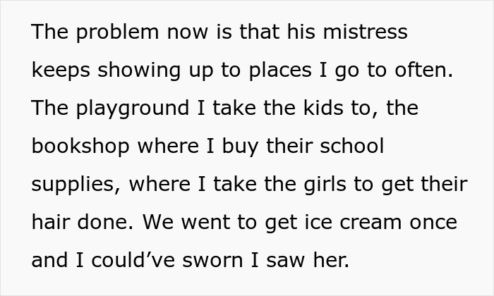 Text about cheating husband's mistress appearing in common places