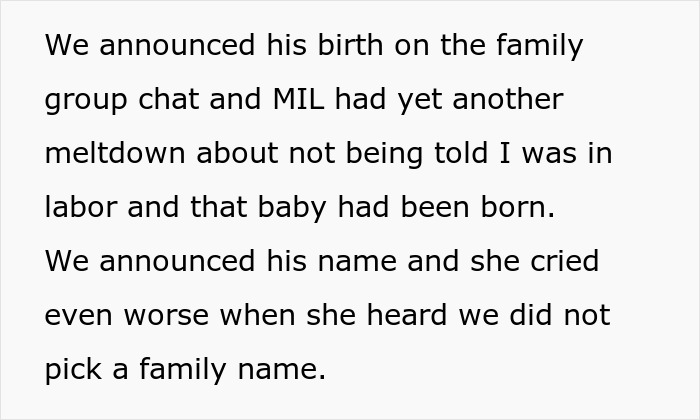 Text snippet about a MIL meltdown after grandchild's birth. Highlights unhinged MIL disowning grandchild.