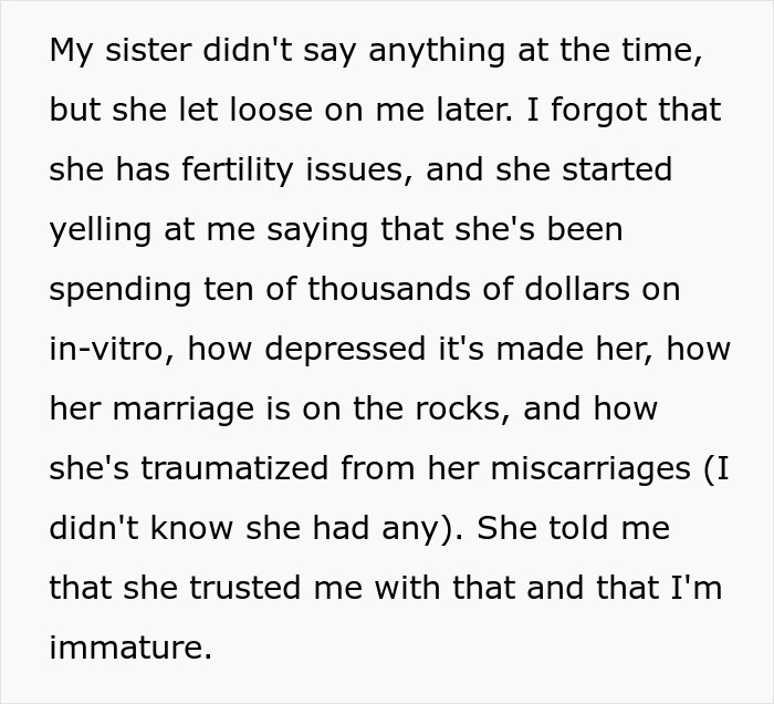 Text about sister upset over fertility issues and trust concerning adoption secret Text about sister upset over fertility issues and trust concerning adoption secret