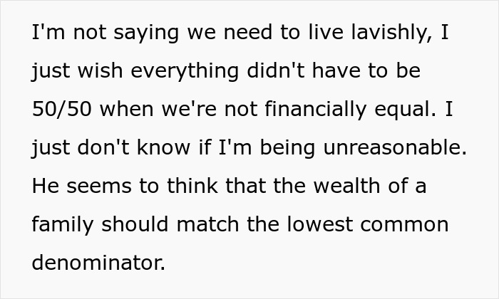 Text about financial inequality and 50/50 split in wealthy relationship Text about financial inequality and 50/50 split in wealthy relationship