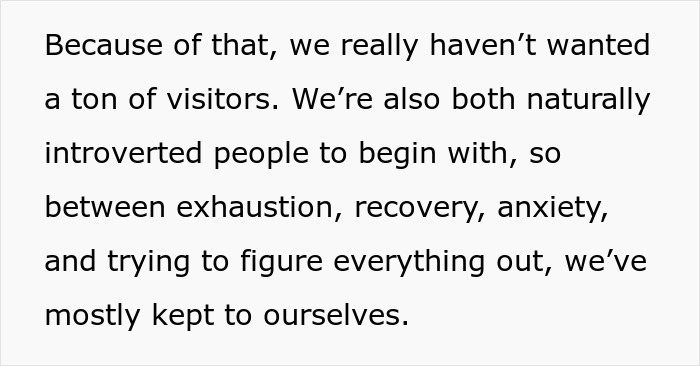 Text about couple avoiding visitors due to exhaustion and anxiety postpartum Text about couple avoiding visitors due to exhaustion and anxiety postpartum