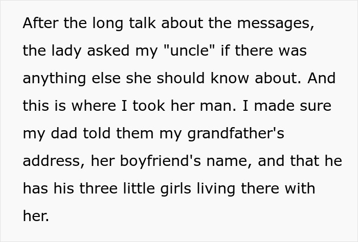 Text about plotting revenge with uncle and sharing grandfather's address and boyfriend's name
