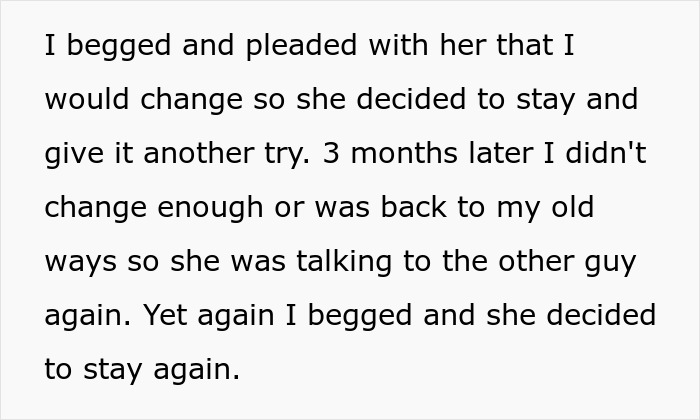 Text about man begging wife for another chance but falling back into old ways