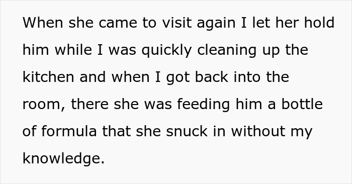 Text on a gray background about a mother-in-law (MIL) secretly feeding a grandchild formula, highlighting grandchild care issues.