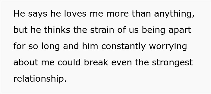 Text overlay: He loves me but fears our long distance may break us. A woman's dream trip causes an impossible choice.