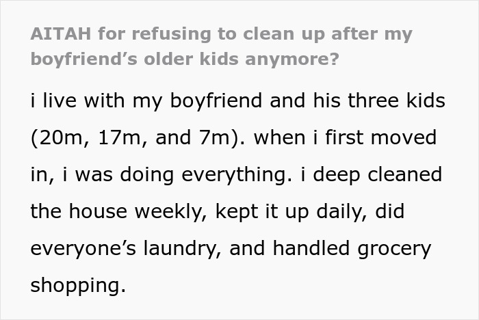 Text detailing a woman's refusal to be a maid for her boyfriend's grown-up kids, stopping cleanup duties.