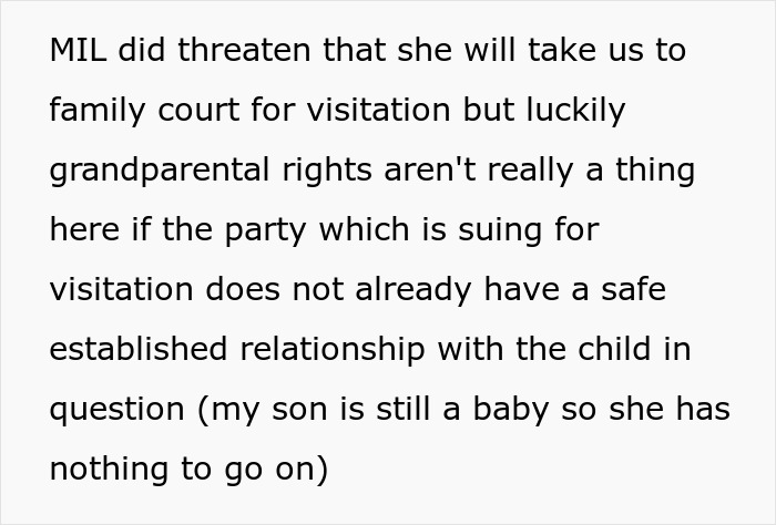 Text about an unhinged MIL threatening family court for grandchild visitation after disowning the grandchild.