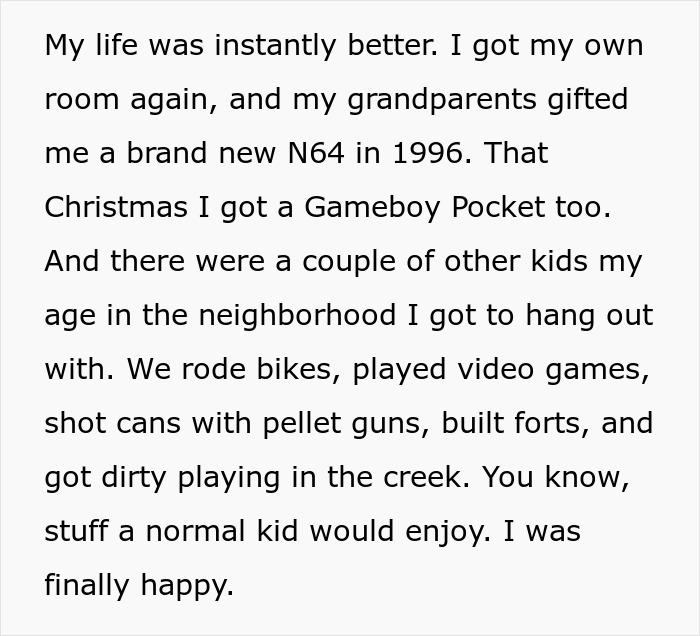 Text about life improving, receiving a gaming console and happy childhood activities