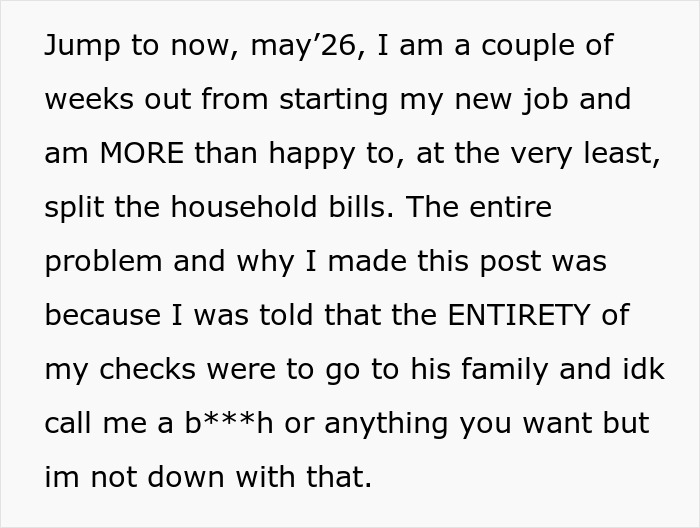 Text snippet from an article describing a SAHM's financial dispute with her fianc&eacute;'s family over his debts.