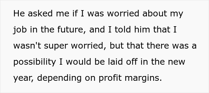 Text from a post by a wife, revealing her man was never interested in her job until a potential layoff.