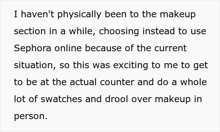 Text from a MIL describing excitement over an in-person makeup section visit, a relief from online shopping. Text from a MIL describing excitement over an in-person makeup section visit, a relief from online shopping.