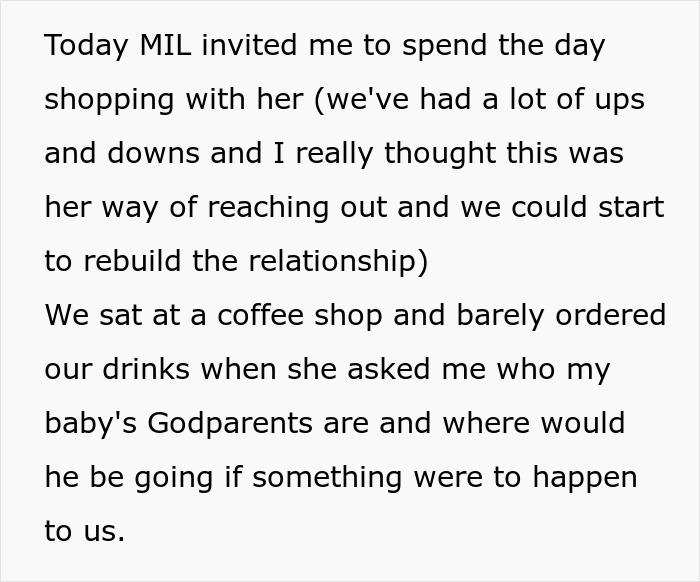 Text describing a MIL's invitation to shop, then asking about the grandchild's future, highlighting disowning grandchild.