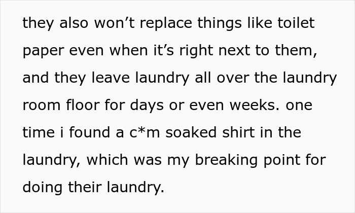 Text screenshot detailing a woman's frustration with her BF's grown-up kids not cleaning, leading to her stopping "maid" duties.