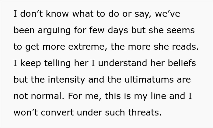 A text screenshot details a husband's distress as his wife becomes Muslim, making ultimatums about conversion.