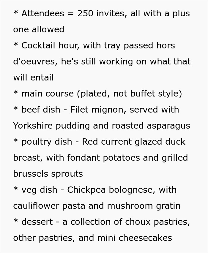 A list detailing wedding food options for a brother's wedding, including Filet Mignon, duck breast, and chickpea bolognese.