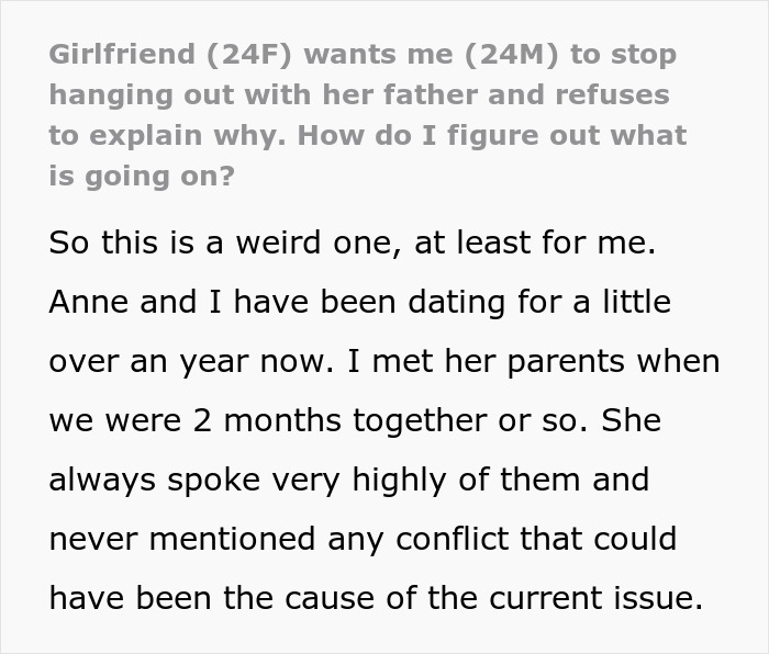 A man thinks he developed a solid relationship with his girlfriend's dad, now his GF wants him to stop hanging out with him. Discover his ugly cover-up.