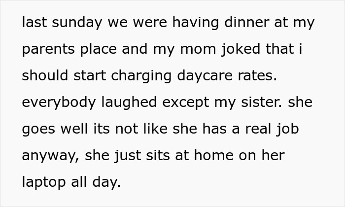 Text excerpt about family dinner where sister makes a cruel comment about babysitting Text excerpt about family dinner where sister makes a cruel comment about babysitting