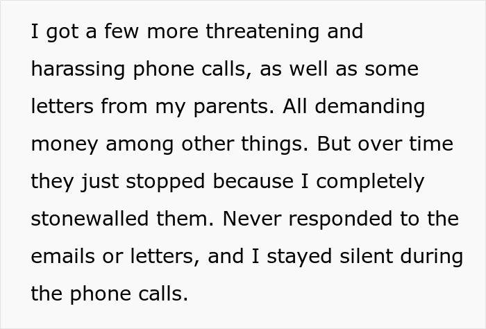 Son receives threatening calls and letters from toxic parents demanding money