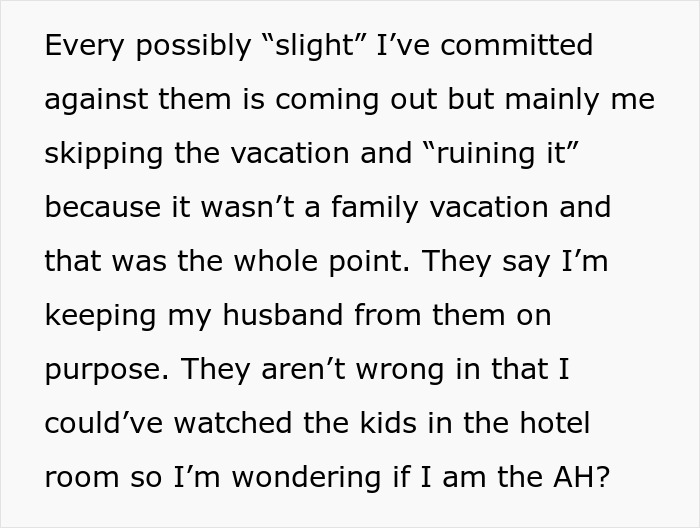 Text discussing skipping family vacation causing tension Text discussing skipping family vacation causing tension