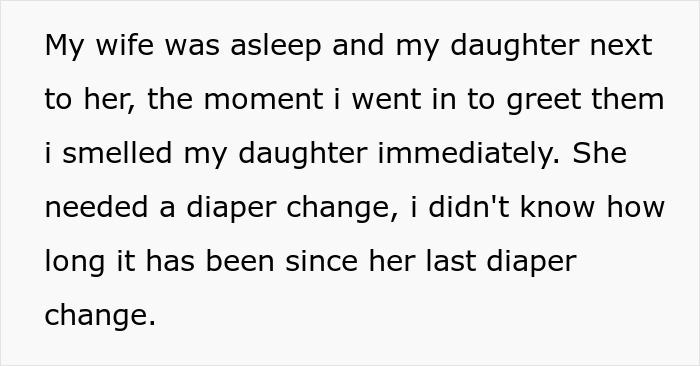 Text on a white background describes a husband finding his daughter needing a diaper change, affecting his postpartum wife.