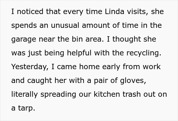 Text describing mother-in-law’s suspicious trash inspection behavior Text describing mother-in-law’s suspicious trash inspection behavior