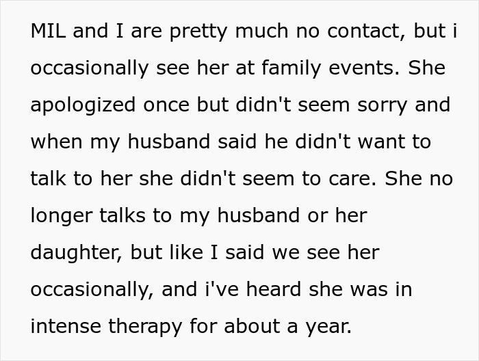 Text about no contact with MIL and family event encounters in wedding story