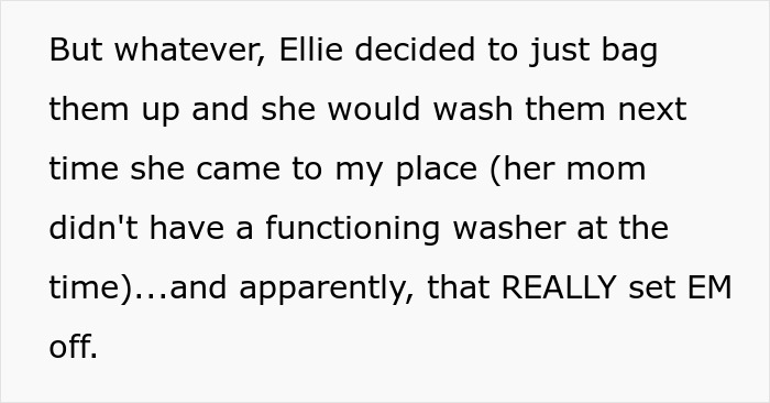 Text from a story, discussing a mom's reaction and how adulthood functions in a dispute over laundry.