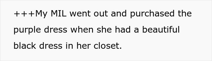 Text about MIL purchasing purple dress instead of black for wedding Text about MIL purchasing purple dress instead of black for wedding