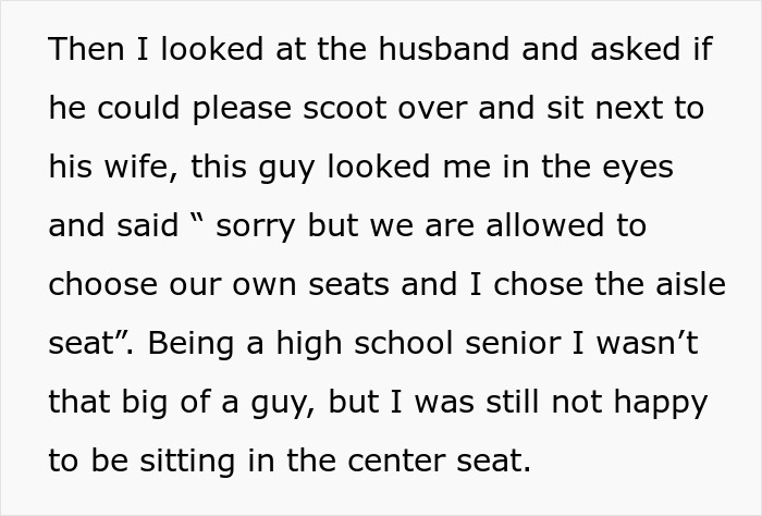 Text excerpt about the husband refusing to move from the aisle seat on the plane