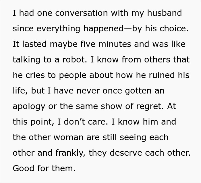 Wife describes failed conversation and lack of apology after affair revealed