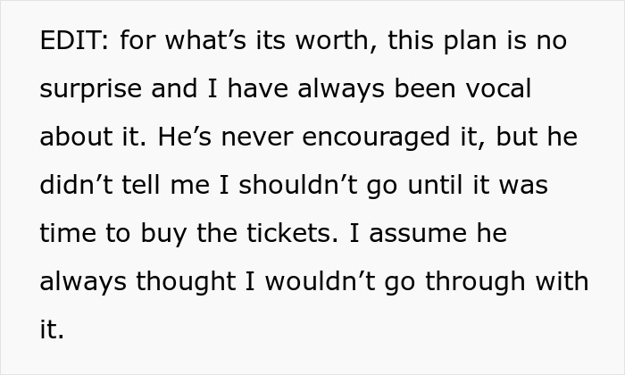 A paragraph of text detailing a woman's dream trip dilemma with her partner, making an impossible choice.