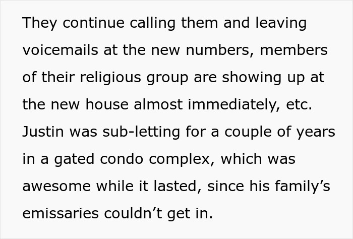 Text about ongoing harassment and subletting in restrictive religious community