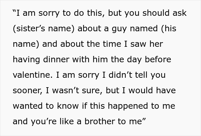 A text message revealing a sister's affair, leading to family breakups. The sender apologizes for the delay but felt compelled to inform.