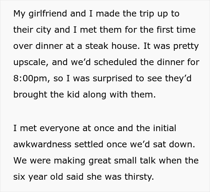 Text about meeting girlfriend's family at steak house with unexpected child present Text about meeting girlfriend's family at steak house with unexpected child present