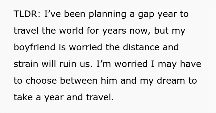 Woman's dream trip dilemma: travel the world vs. boyfriend's concerns. An impossible choice after 5 years of saving.