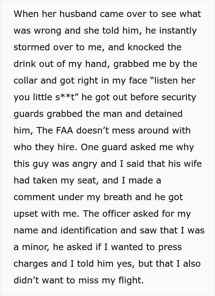 Text describing husband's angry reaction, security detaining him, and minor pressing charges