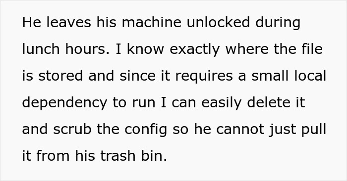 Text mentioning engineer's machine left unlocked and file deletion plan