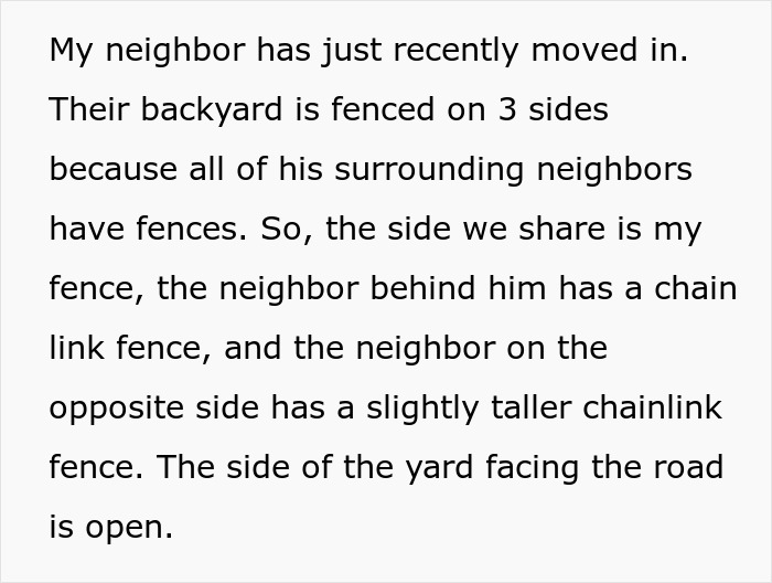 Text describing neighbor's fenced backyard situation