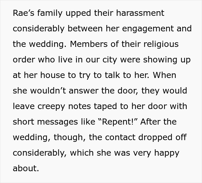 Text on harassment by religious community members before and after wedding