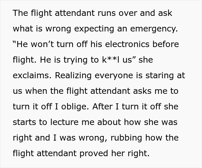 Text about a flight attendant confronting a passenger over not turning off electronics